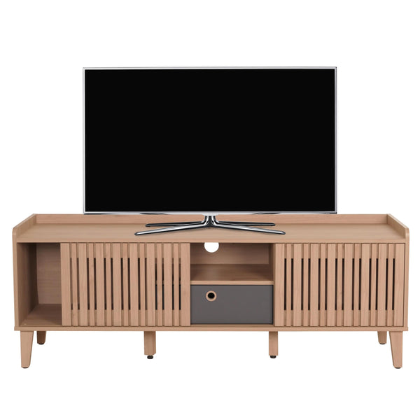 TV-Rack Lowboard TV-Schrank Schiebetür 56x150x40cm beige Schublade grau
