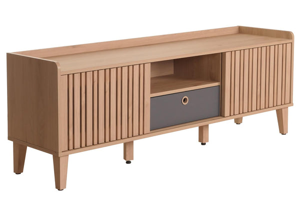 TV-Rack Lowboard TV-Schrank Schiebetür 56x150x40cm beige Schublade grau