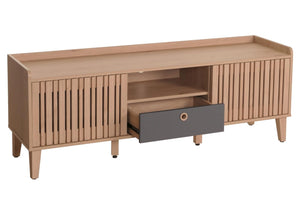 TV-Rack Lowboard TV-Schrank Schiebetür 56x150x40cm beige Schublade grau