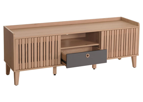 TV-Rack Lowboard TV-Schrank Schiebetür 56x150x40cm beige Schublade grau