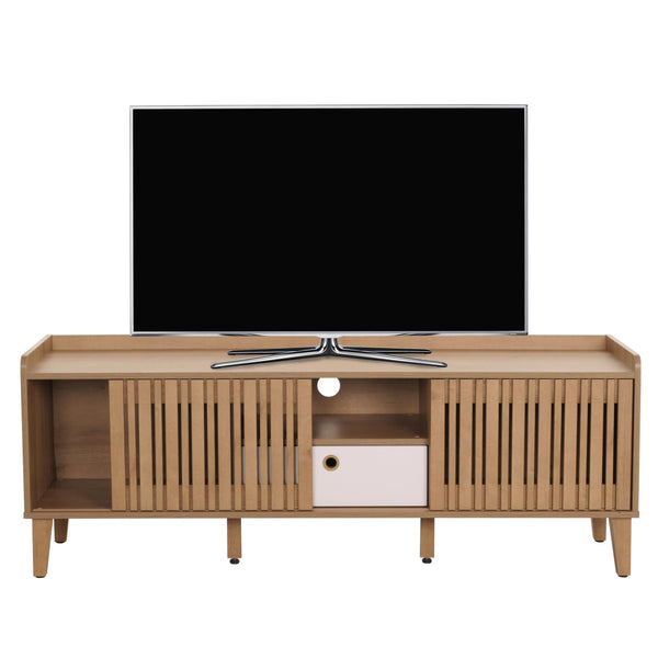 TV-Rack Lowboard TV-Schrank Schiebetür 56x150x40cm natur Schublade weiss