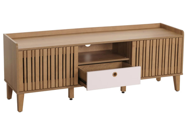 TV-Rack Lowboard TV-Schrank Schiebetür 56x150x40cm natur Schublade weiss
