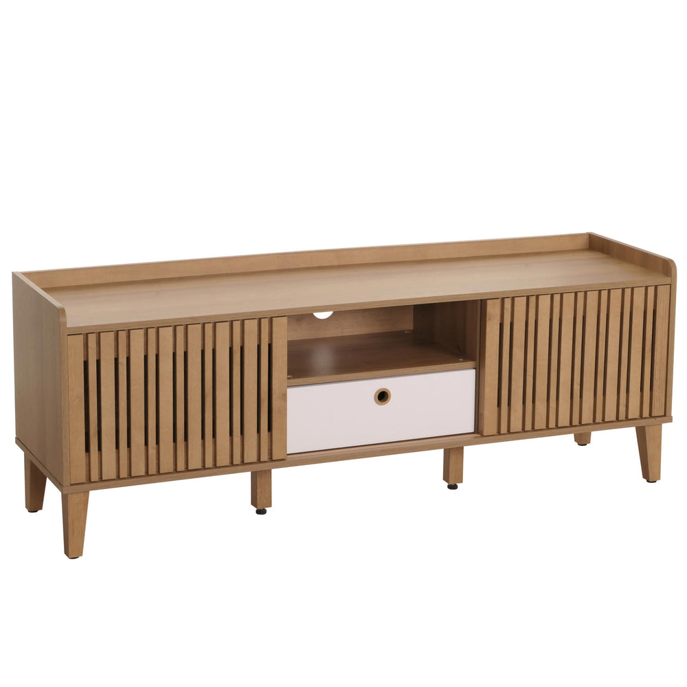 TV-Rack Lowboard TV-Schrank Schiebetür 56x150x40cm natur Schublade weiss