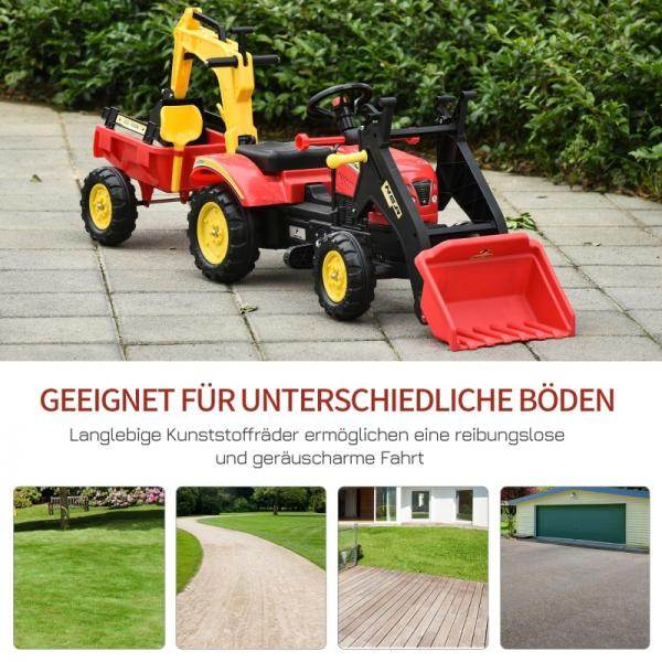 Trettraktor mit Anhänger Tretbagger mit Frontlader Kindertrettraktoren ab 3 Jahre Stahl Kunststoff Rot 179 x 42 x 59 cm