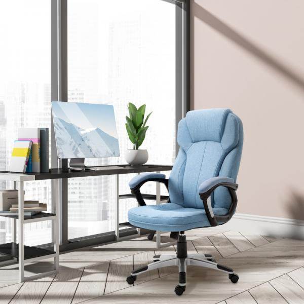 Bürostuhl Drehstuhl höhenverstellbar Wippfunktion und gepolsterte Armlehnen Ergonomisch Hellblau Leinen