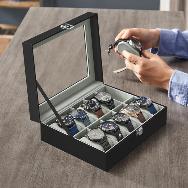 Uhrenbox Aufbewahrungsbox mit 10 Fächern Schwarz