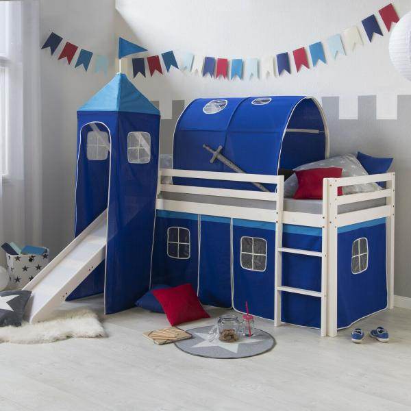 Hochbett Spielbett Kinderbett Rutsche Turm Vorhang blau 90x200 Jugendbett