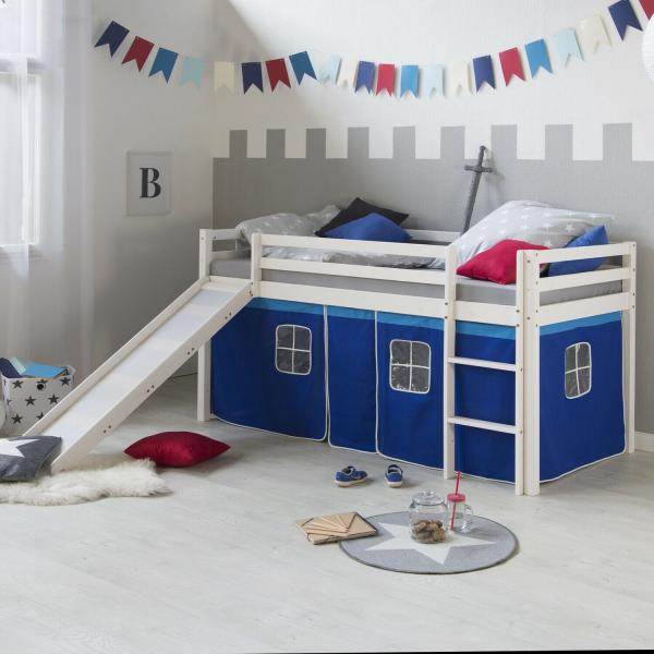 Hochbett Spielbett Kinderbett Rutsche Kiefer Vorhang blau 90x200 Jugendbett