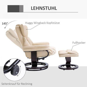 Relaxsessel mit Hocker, Liegefunktion, drehbar, bis 160 kg, Kunstleder creme