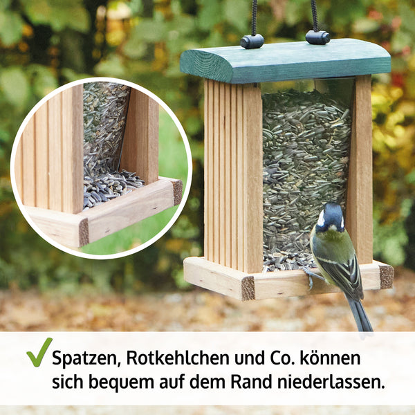 Vogelfutterhaus Grünspitz mit Plexiglasscheiben & Aufhängung