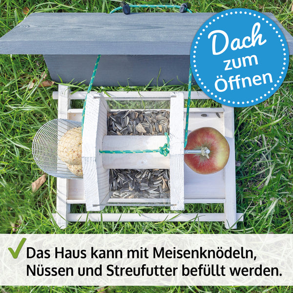Vogelhaus Futterküche wetterfest aus Holz & mit Dach zum Befüllen