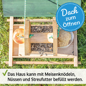 Vogelhaus Futterküche wetterfest aus Holz & mit Dach zum Befüllen