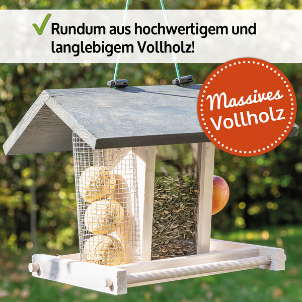 Vogelhaus Futterküche wetterfest aus Holz & mit Dach zum Befüllen