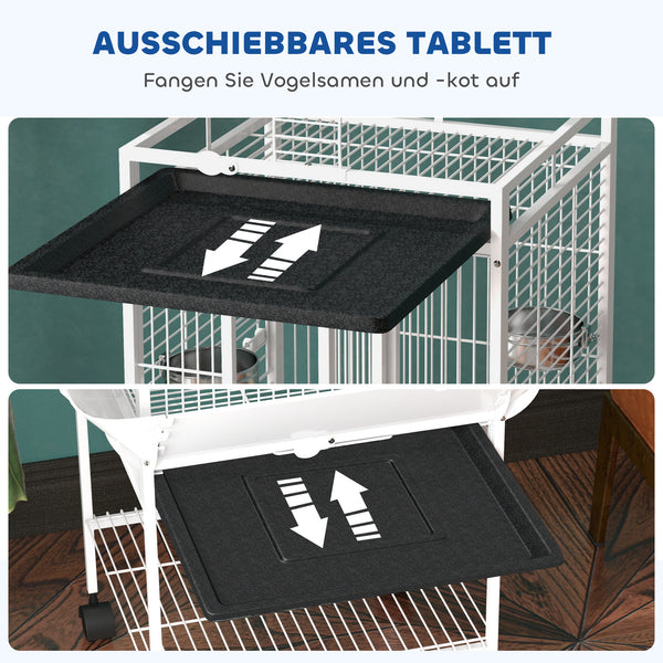 Vogelkäfig für Papageien mit Freisitz und Rollen weiss