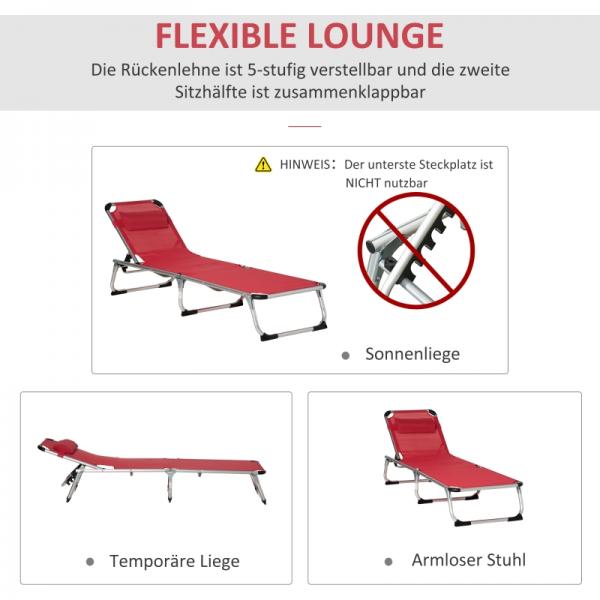 Sonnenliege Gartenliege Alu Relaxliege 5-fach verstellbar faltbar ergonomisch Rot