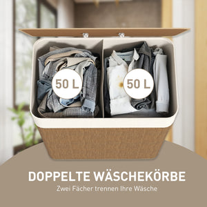 Wäschekorb mit 2 Fächern Deckel und Wäschesack 100L Bambus