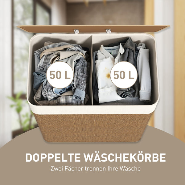 Wäschekorb mit 2 Fächern Deckel und Wäschesack 100L Bambus