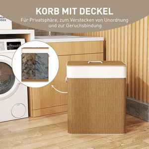 Wäschekorb mit 2 Fächern Deckel und Wäschesack 100L Bambus