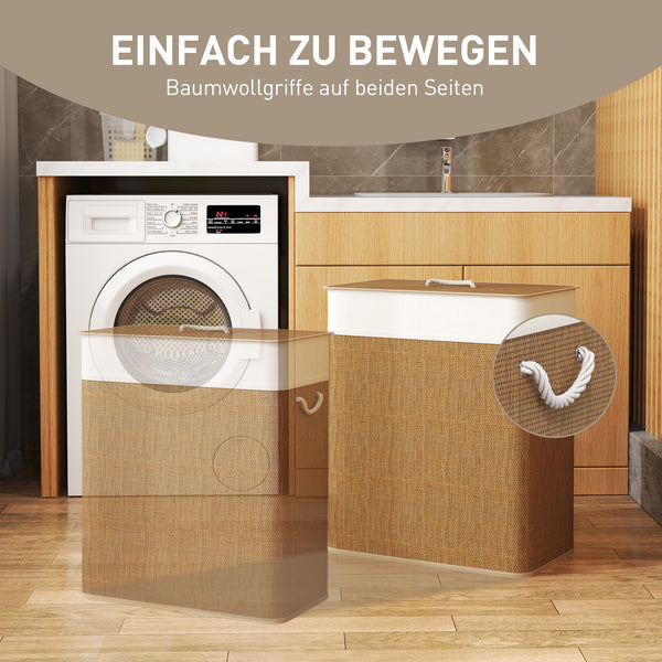 Wäschekorb mit 2 Fächern Deckel und Wäschesack 100L Bambus