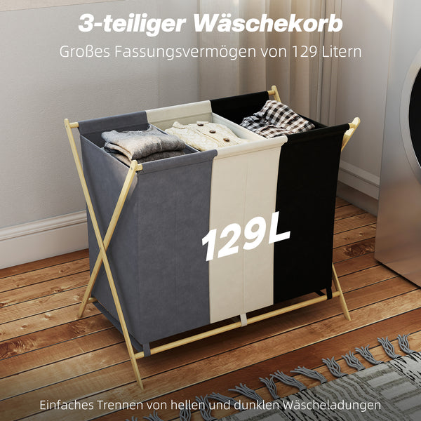 Wäschekorb Wäschesammler gross klappbar mit 3 Fächern 129L