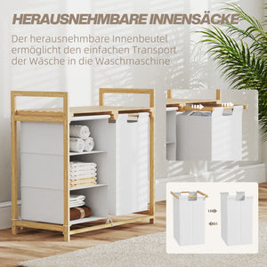 Wäschekorb mit Wäschesack und Stoffschublade Bambus weiss