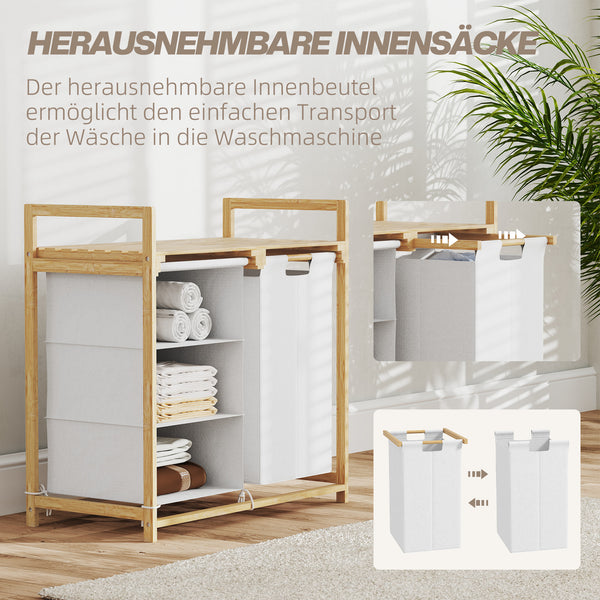 Wäschekorb mit Wäschesack und Stoffschublade Bambus weiss