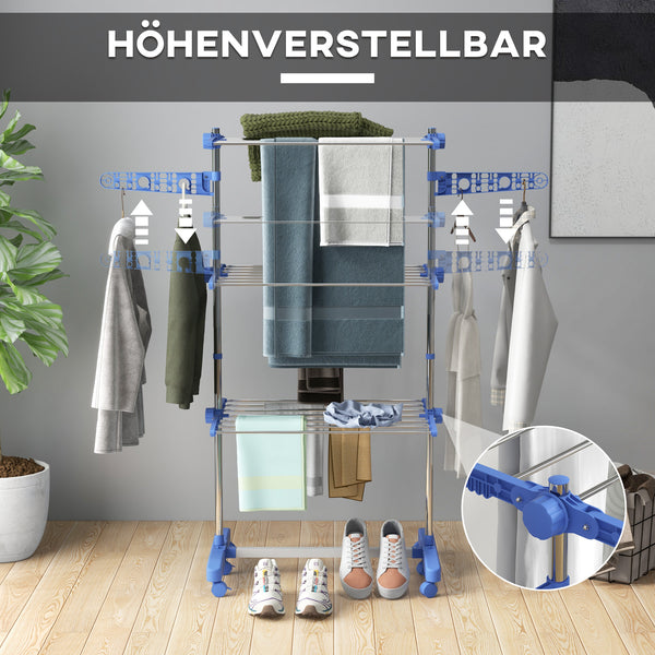 Wäscheständer Wäschetrockner 3 Ebenen klappbarer Seitenflügel Stahl Blau