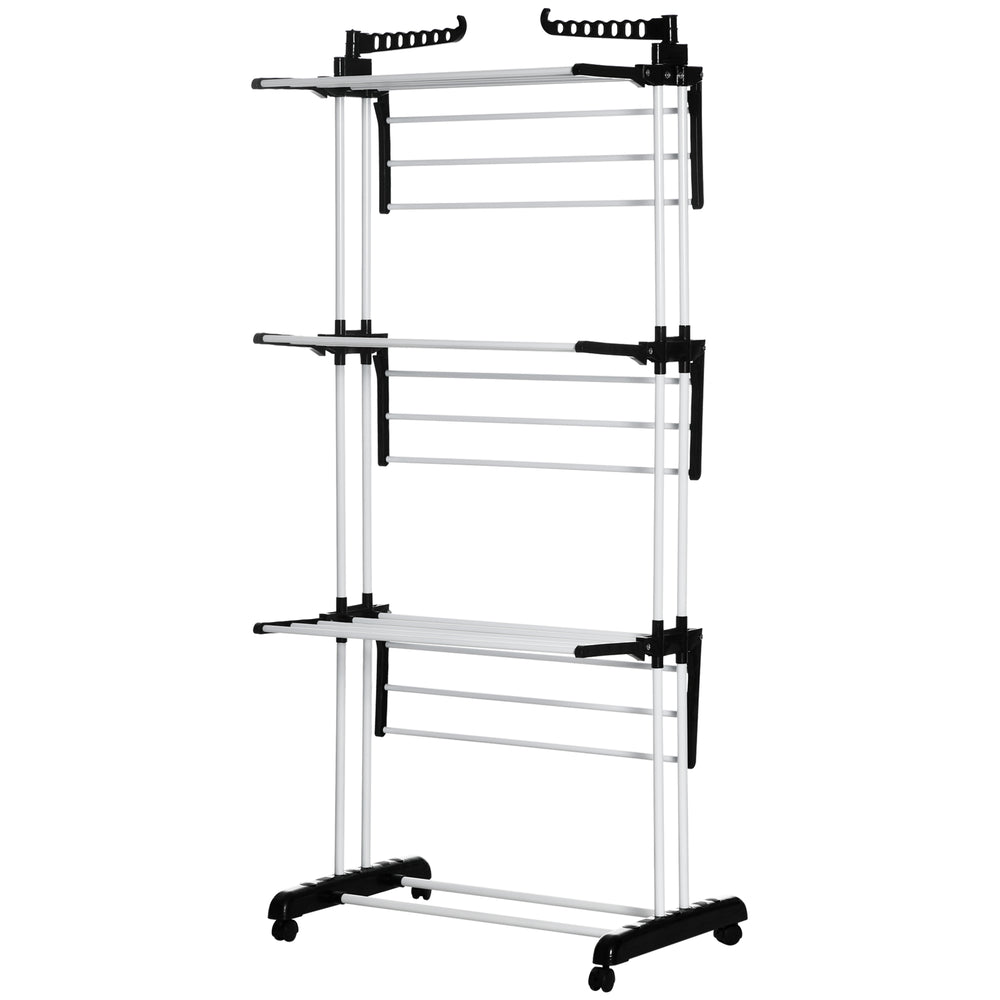 Clothes drying rack, 4 tiers with wheels, space-saving, black