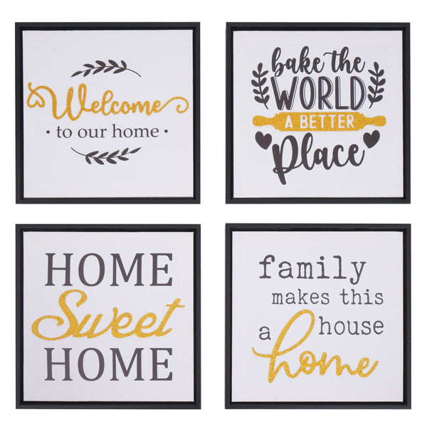 Wandbild Set 4-teilig Holz Leinwand Sprüche Family Home 30x30cm