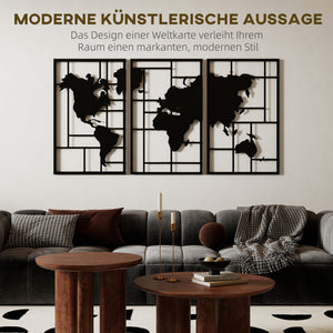 Wanddeko Weltkarte 3-teilig für Wohnzimmer Metall schwarz