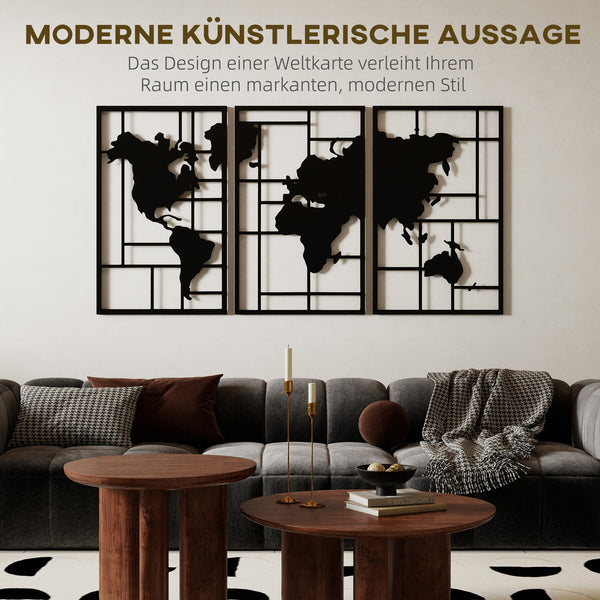 Wanddeko Weltkarte 3-teilig für Wohnzimmer Metall schwarz