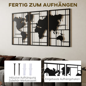 Wanddeko Weltkarte 3-teilig für Wohnzimmer Metall schwarz