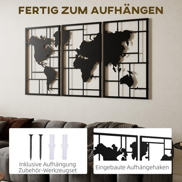 Wanddeko Weltkarte 3-teilig für Wohnzimmer Metall schwarz