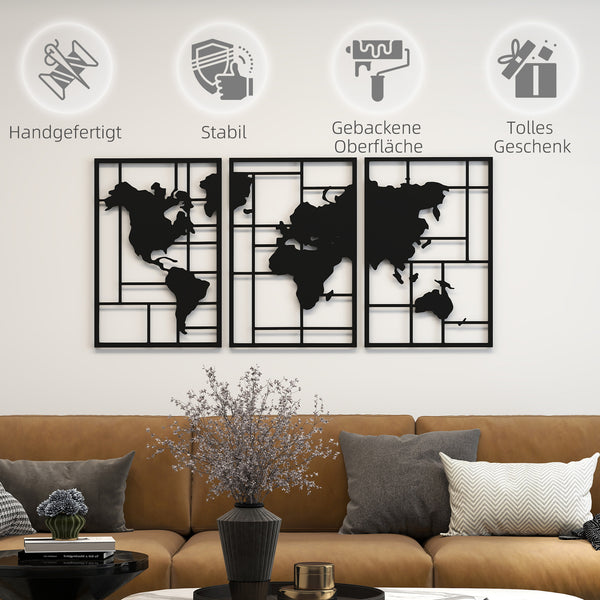 Wanddeko Weltkarte 3-teilig für Wohnzimmer Metall schwarz