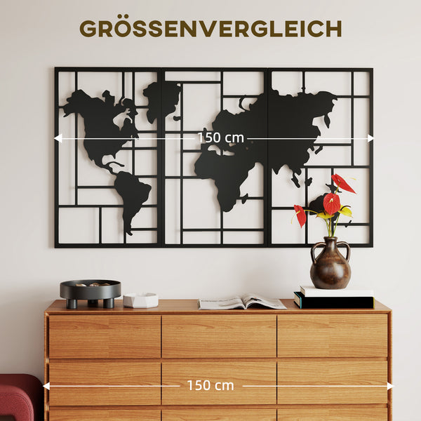 Wanddeko Weltkarte 3-teilig für Wohnzimmer Metall schwarz
