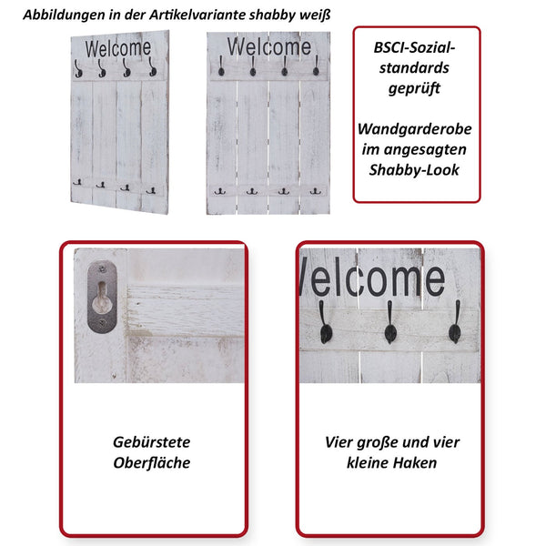 Wandgarderobe Garderobenpaneel Shabby-Look 91x60cm naturbraun Welcome
