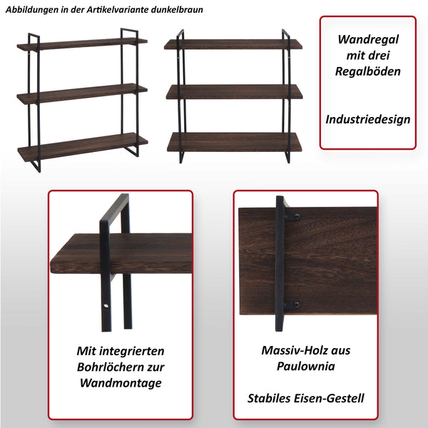 Wandregal Hängeregal 3 Regalböden Massivholz Industrial 60x60x18cm natur