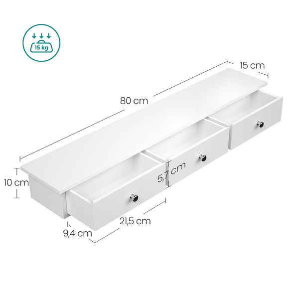 Wandregal Schwebend Schubladen 80x15x10cm Hochglanz Weiss