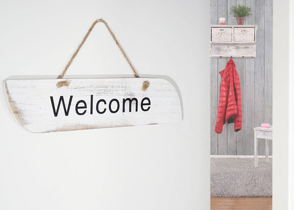 Wandschild Dekoschild Holzschild Shabby-Look 10x43x1cm weiss Welcome