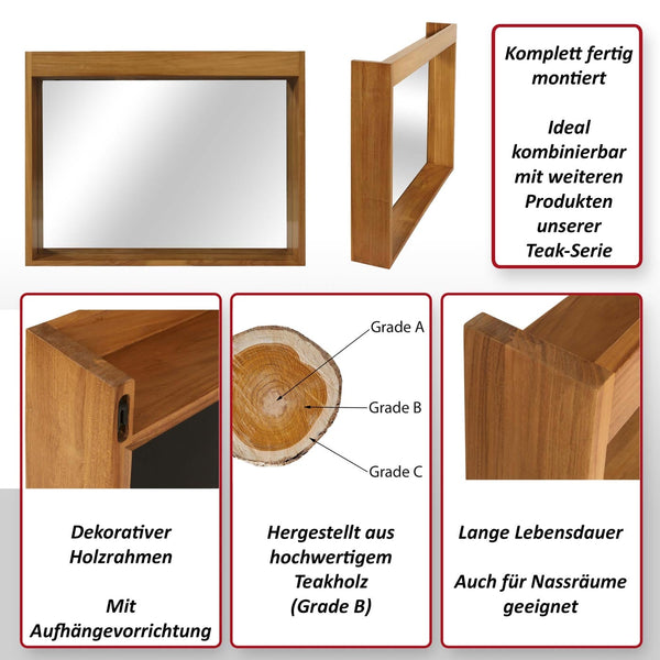 Wandspiegel Badspiegel Holzrahmen 77x100cm Teak