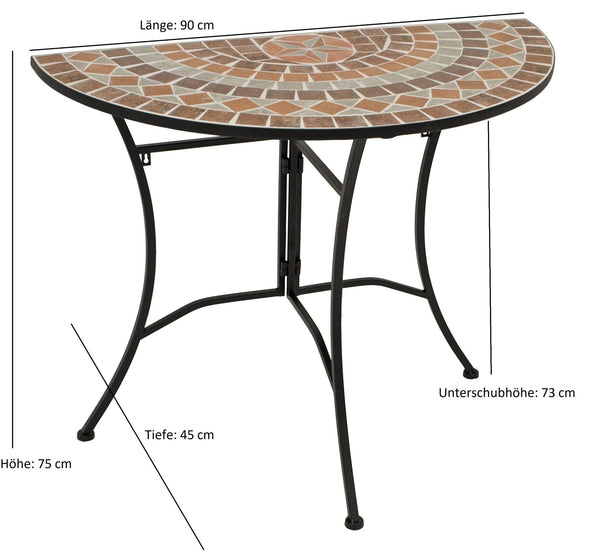 Wandtisch LUCCA halbrund 45x90cm, Eisen + Mosaik terracottafarben