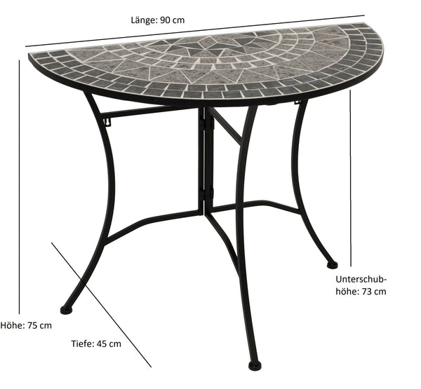 Wandtisch SIENA halbrund 45x90cm, Eisen + Mosaik grau