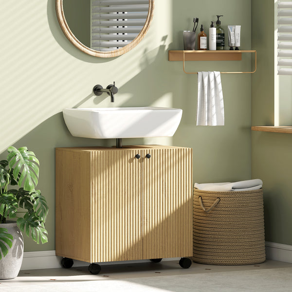 Waschbeckenunterschrank Bad mit Regal und Rollen aus Holz
