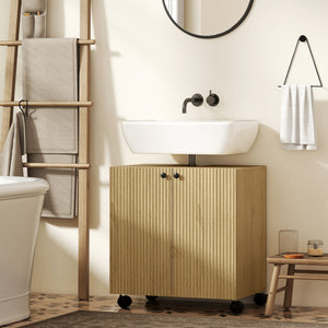 Waschbeckenunterschrank Bad mit Regal und Rollen aus Holz