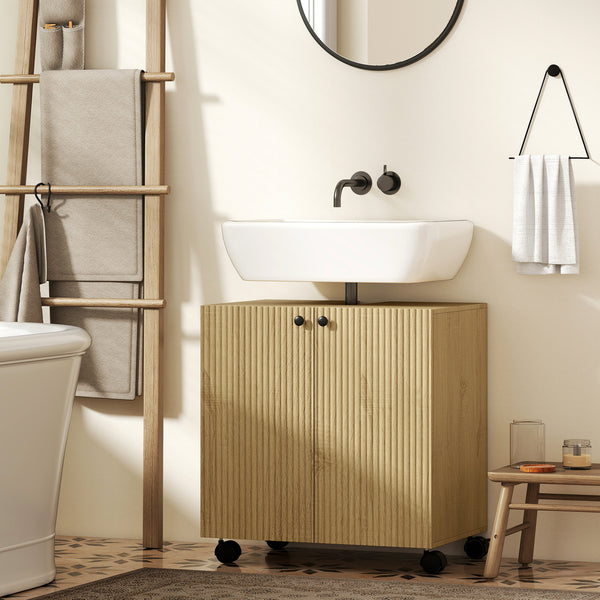 Waschbeckenunterschrank Bad mit Regal und Rollen aus Holz