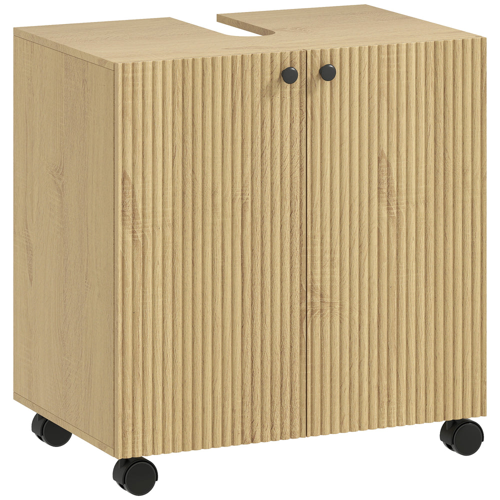 Waschbeckenunterschrank Bad mit Regal und Rollen aus Holz