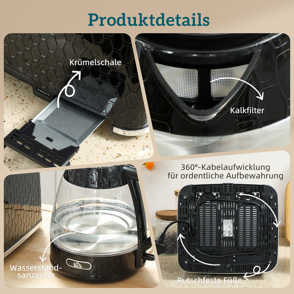 Wasserkocher und Toaster Set 1,7L 2200W 4 Scheiben schwarz