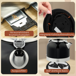 Wasserkocher und Toaster Set 1,7L 7 Stufen Edelstahl schwarz