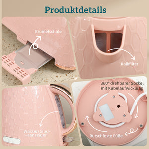 Wasserkocher und Toaster Set mit Abschaltung 1,7L 2200W rosa