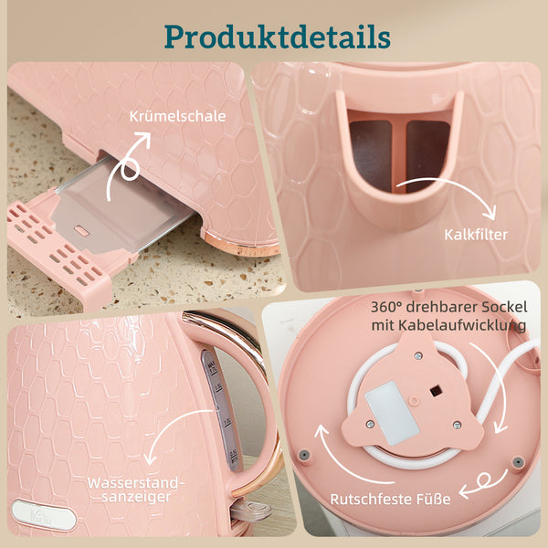 Wasserkocher und Toaster Set mit Abschaltung 1,7L 2200W rosa